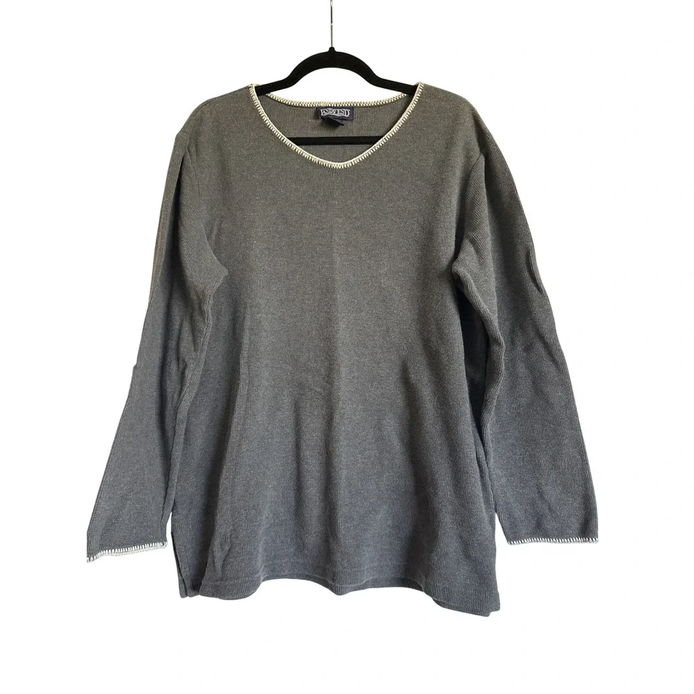 Lands End Womens Gray V Neck Long Sleeve Knit Sweater Top Size L‎ 14-16 Cotton